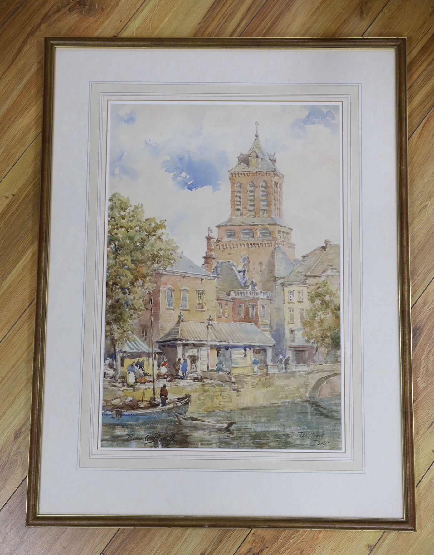 Pierre Le Boeuff (French, 1899-1920), watercolour, 'Fish market, Delft', signed, 54 x 36cm